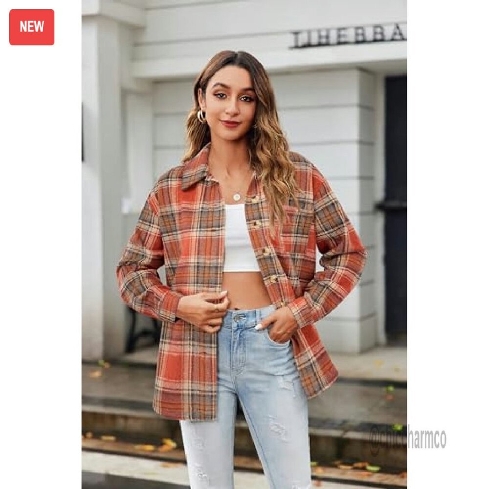 Flannel Shacket Jacket Button Down Long Sleeve Shirt Fall Outfits - Picture 4 of 8